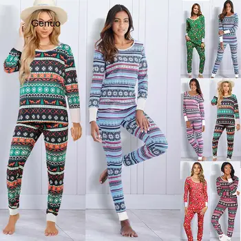 Moda de Natal Pijama Define O-pescoço Longo da Luva de Impressão Outono Inverno Mulheres Conjuntos 2piece Casual Solta Define Macio Diário Feminino