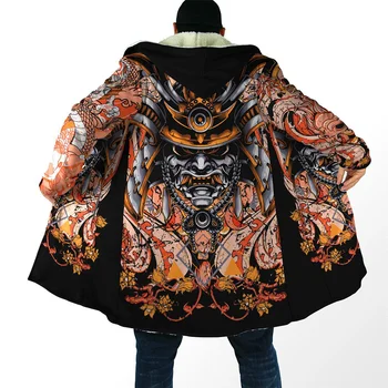 Moda masculina inverno com capuz do manto de samurai e a tatuagem de dragão 3D impresso de lã casaco de trincheira unissex casual quente com capuz do manto H015