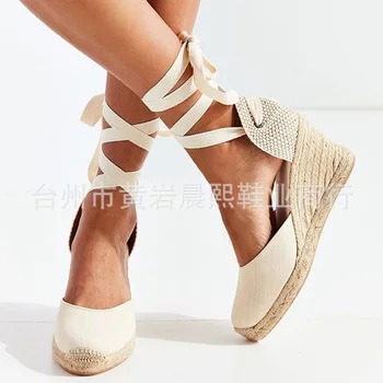 Moda Plus Size 43 Mulheres Sandálias Chinelos Confortáveis Sapatos Casuais Senhoras Respirável Linho Cânhamo de Lona de Salto de Mulher 2022 Novo