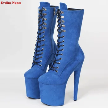 Mulher Azul Ankle Boots Verão Dedo do pé Redondo Flack Camurça Cintas Cruzadas Super Fino, Salto Alto 36-43 Tamanho Sexy desfile de Moda Festa de Sapatos