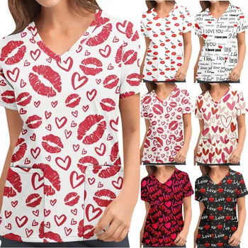 Mulheres do Dia dos Namorados Enfermeira Esfrega Uniforme de Impresso de Trabalho Médico Uniformes de Manga Curta, decote em V, Camisas, Tops Enfermeria Mujer
