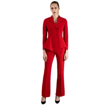 Mulheres terno da moda slim high-end fato vermelho de abotoamento duplo irregular das mulheres terno de 2 peças do conjunto de terno calças femininas recomendo