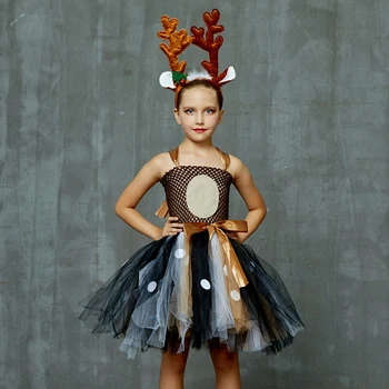 Natal Meninas Elk Tutu Vestidos de Crianças de Halloween Veado Trajes Cosplay com a Exagerar os Chifres de Cabeça de Animal Vestido de Festa