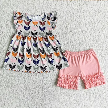 nova chegada crianças boutique de roupa de bebê menina de verão, camisa de manga curta e plissado conjunto de shorts menina galinha padrão de roupa