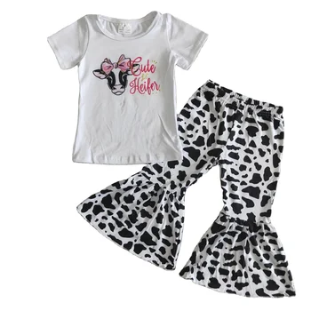 Novo Design Boutique de Roupas de Bebê Menina de Vaca Curto Mangas de Camisa + Sino Inferior Calças de 2 pcs Conjunto de Roupas de Criança