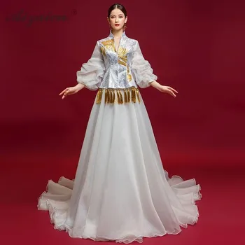 O Estilo Oriental De Borla À Direita Vestidos Longos Cheongsam Moderna Show No Palco Vestido Branco De Mulheres Chinesas Vestido De Noite Qipao De Duas Peças