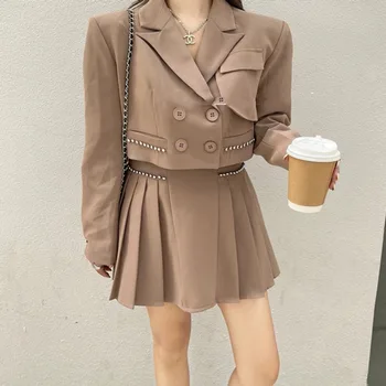 Outono-Coreano Das Mulheres Blazer Beading Duas Peças De Conjunto 2021 Entalhado Vintage, Blazer Curto+Plissado Saia Mini-Terno De Roupas Femininas