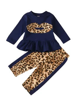Outono de Roupas para Crianças de manga longa azul marinho leopard máscara de menina terno de moda de alta qualidade por atacado leggings crianças conjuntos de Novo