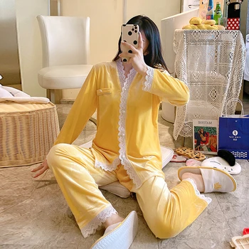 Pijama conjunto de novas coreano veludo ouro 2020 pijamas de manga longa de renda sexy casa roupas de cor pura elegante roupão de banho, pijamas novos