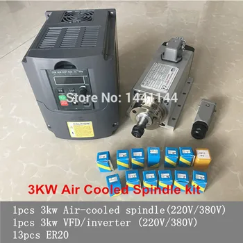 Refrigerado a ar, Eixo 3KW 220V/380V Motor do Router do CNC de Ferramentas do Inversor VFD 13pcs ER20 Mandril porta-Pinça Para Millin Máquina