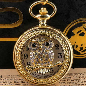 Requintado Ouro Calado Diamante Coruja De Quartzo Relógio De Bolso Em Algarismos Arábicos, Colar De Pingente De Relógio Homens Mulheres Estudantes Presentes Populares