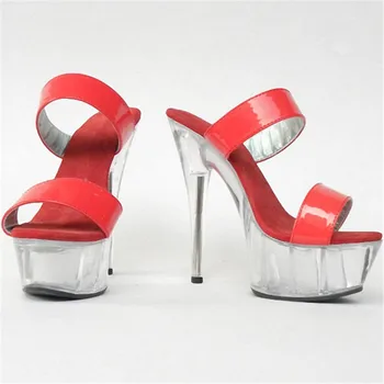 Show no palco do modelo legal chinelos de quarto, cristal vermelho noiva de casamento sapatos, 15cm de salto alto Sapatos de Dança