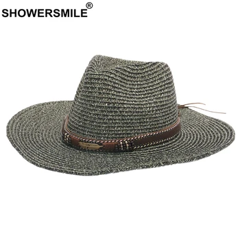 SHOWERSMILE Verão Chapéus para Homens, Mulheres, Praia Hat Verde Sombrero de Palha de Aba Larga Fedora a Viseira de Sol do Cinto de Decoração de Jazz Chapéu de Sol