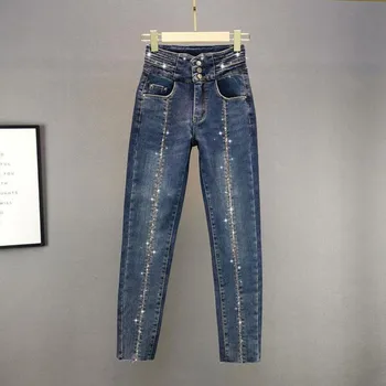 Strass Jeans Mulheres de Outono Cintura Alta Slim Stretch Denim Lápis Calças s1662
