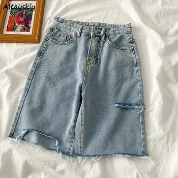 Summer Shorts Jeans Rasgado Mulheres Do Vintage Solta A Perna Larga Chique Cintura Alta Buraco De Comprimento De Joelho Reta Pantalones Feminino Harajuku