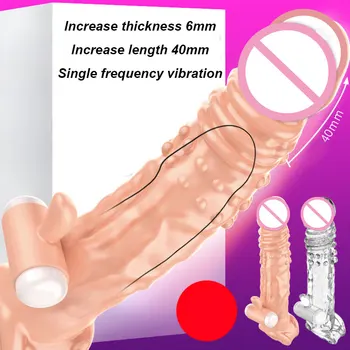 Super macio Enlarege Preservativo Reutilizáveis Preservativo Vibrador Anel peniano Estimulador de Clitóris Macho de Pau Extender Vibrador Brinquedos do Sexo Para Homens