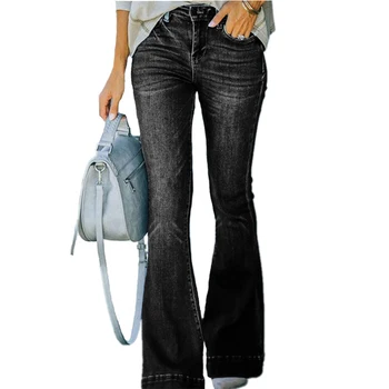 Sólida Vintage Cintura Alta Cowgirl Queimado Calças Casuais Mulheres De Alta Elasticidade Slim Grande Perna De Calça De Algodão Lavado Moda Jeans