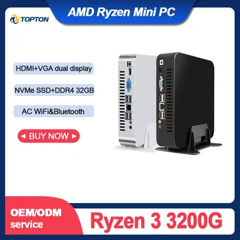 TOPTON Jogos Mini PC AMD Ryzen 3 3200G 4GHz 2*DDR4 M. 2 SSD Computador da área de Trabalho do Windows 10 Pro Linux HTPC Gráficas Radeon AC wi-Fi