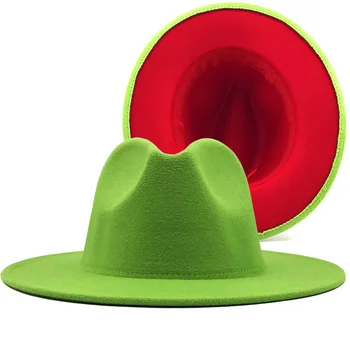 verde Novo Unissex vermelho Retalhos de Feltro de Jazz Hat Cap Homens Mulheres Brim Liso Mistura de Lã Chapéus de Fedora do Panamá Trilby Vintage Chapéu