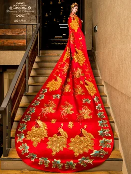 Vermelho Bordado Chinês De Noiva Estilo Bolero De Casamento Cabo Casacos Longos Rejeito Phoenix Vestes Antigas Noite Xales Manto De Penas