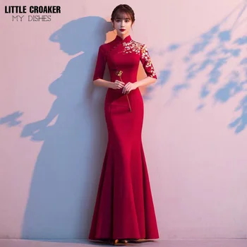 Vermelho Chinês Vestido Longo Bordado Original Stand Colarinho Cheongsam Magro Chinês Tradicional Vestido de Mulher Qipao para Festa de Casamento