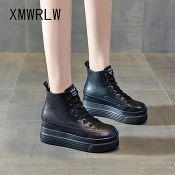 XMWRLW 2020 Inverno das Mulheres, Ankle Boots de Couro Genuíno Salto Alto Feminino de Inicialização Casual Laço no Tornozelo Botas Para Mulheres Sapatos de Inverno